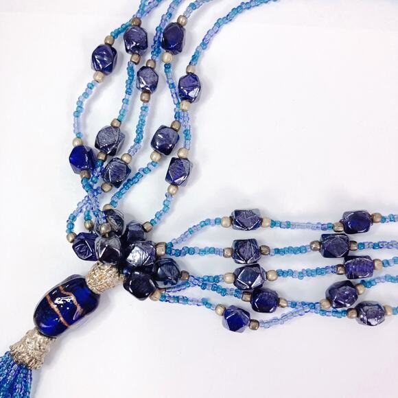 Vintage Glass Bead Tassel Necklace Blue Multi Strand Bohemian Artisan Jewelry - Picture 6 of 13